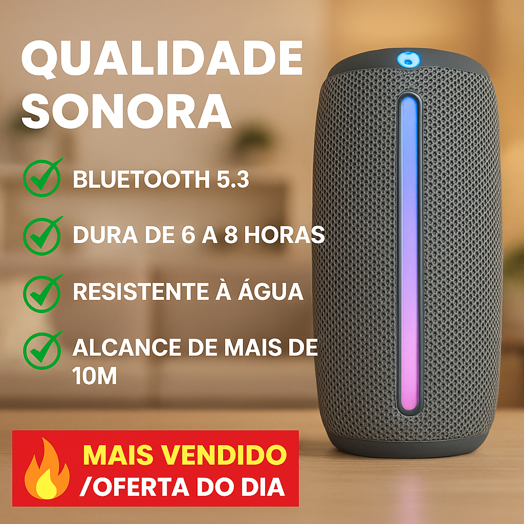 Caixa de Som Bluetooth 16W Portátil com LED Colorido/Rádio FM/ USB/SD/Bateria para Praia e Camping