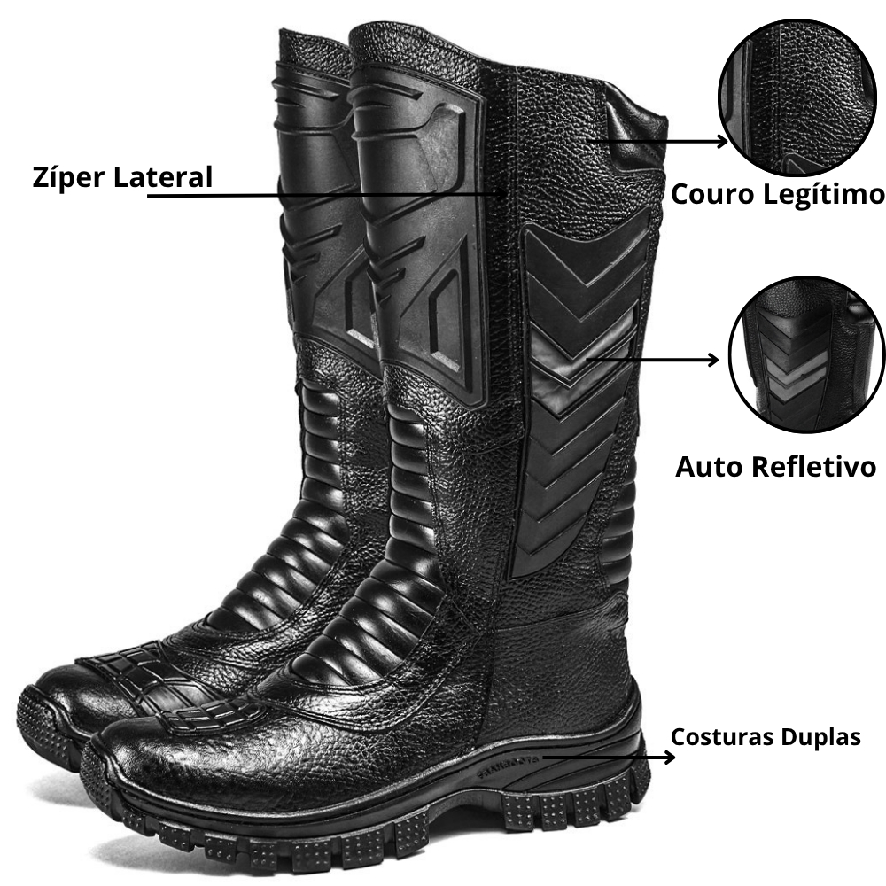 Bota Coturno Militar Tático Cano Longo Couro Legítimo Preto Com Zíper Botina Antiderrapante