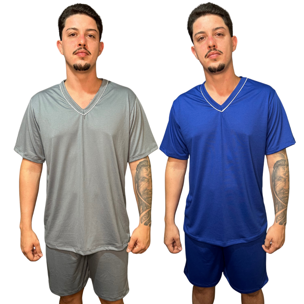 Pijama Curto Masculino Adulto Verão Plus Size Manga Curta Shorts Malha Pv