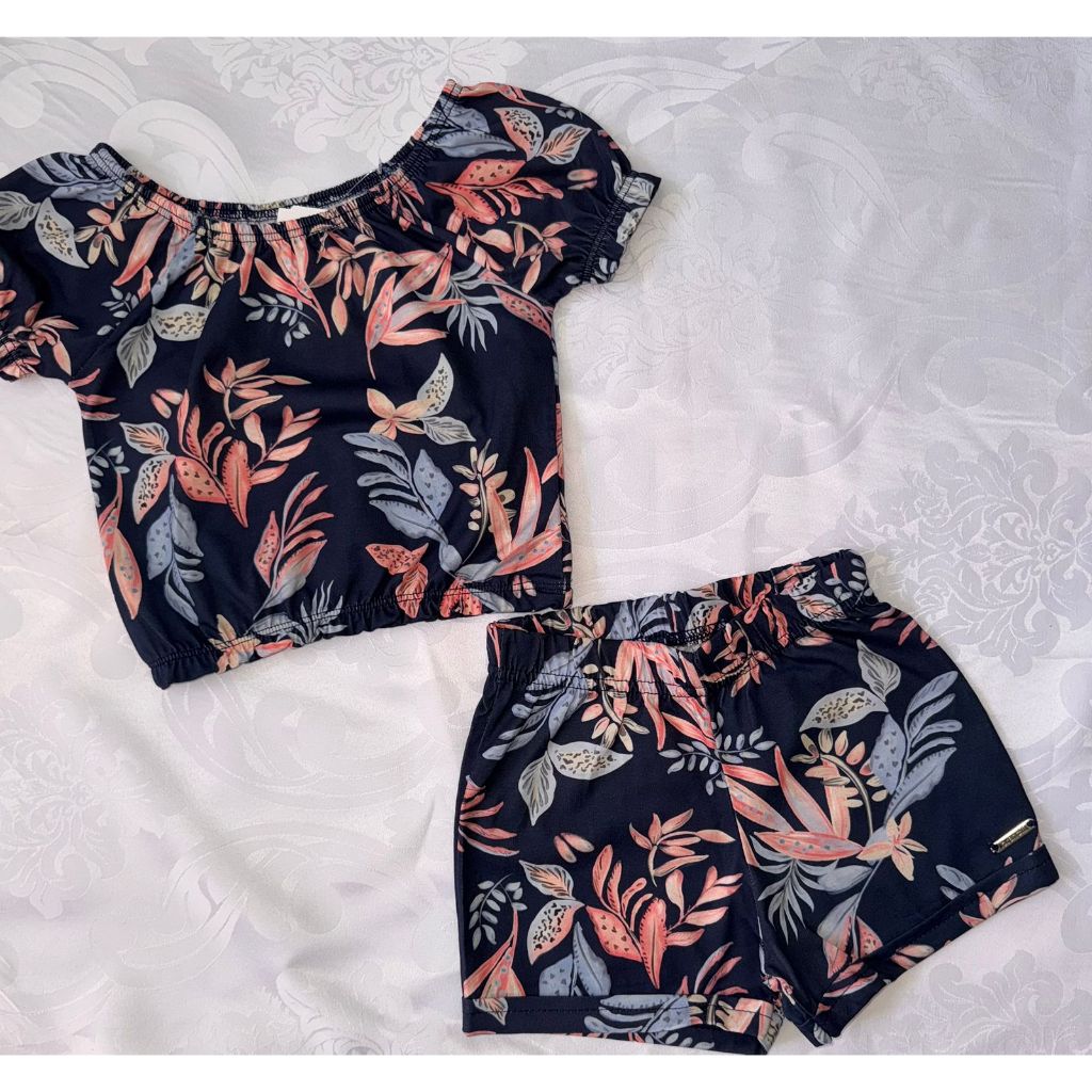 Conjunto Infantil Feminino Verão Estampado Folhagem – Blusinha Ciganinha e Short tamanho 4, marca brandili