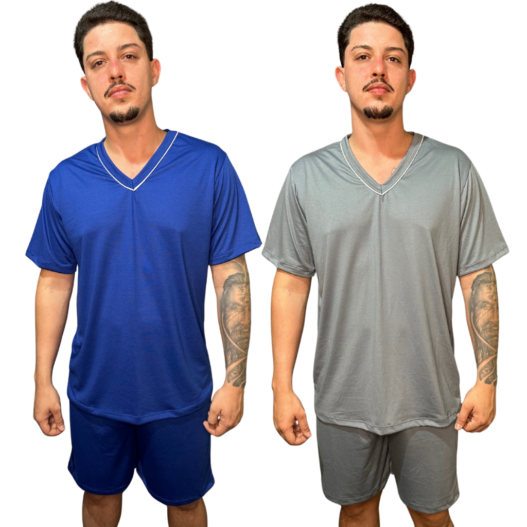 Pijama Masculino Curto Verão Liso Gola V Malha Premium Confortável Estiloso