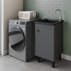 Tanque Para Lavar Roupa Lavanderia Área de Serviço 26L Com Gabinete Armário 46cm Chumbo ou Preto
