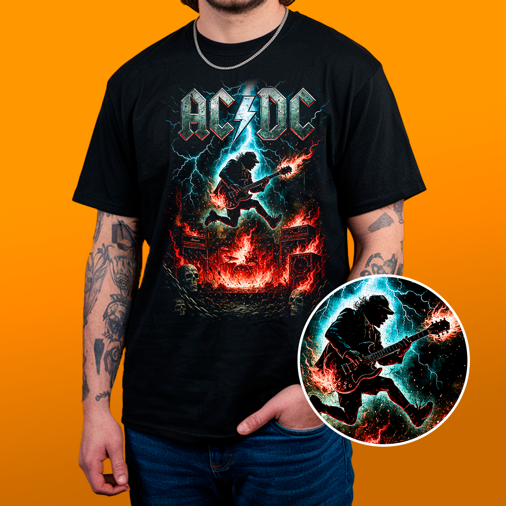 Camiseta ACDC - Estampa Reticulada Algodão 30.1 GUITARRA em Oferta na Shopee