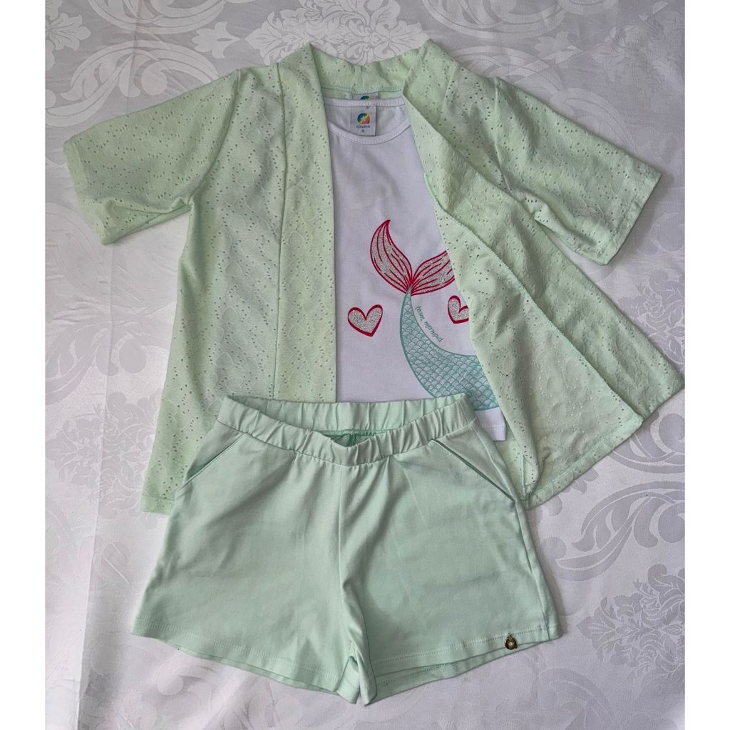 Conjunto Infantil Feminino Sereia com Shorts Verde e Blusinha Regata + Sobreposição tamanho 8 Rendada tamanho 8