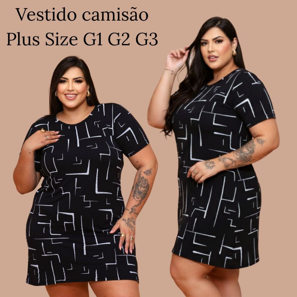 Vestido Feminino camisetão PRETO estampado confortável Camisão Plus size Curve Casual dia a dia em Oferta na Shopee