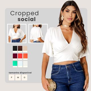 Blusa Cropped Feminino Decote V Manga Ampla Malha Premium Afina Cintura P ao G em Oferta na Shopee