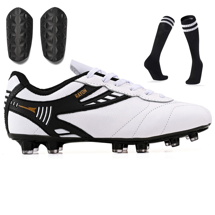 Chuteira Couro 100% Legitimo Campo Trava  Resistente Costurada Original R416-03 + Caneleira + Meião em Oferta na Shopee