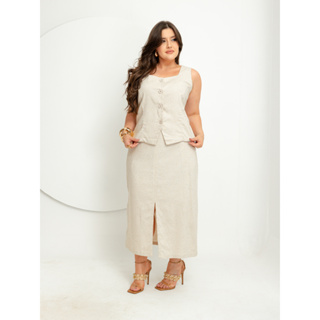 0091 Conjunto em Linho Feminino, Tam. G (42/44) e GG (46/48) | Colete com Botões + Saia Midi com Fenda, tecido linho em Oferta na Shopee