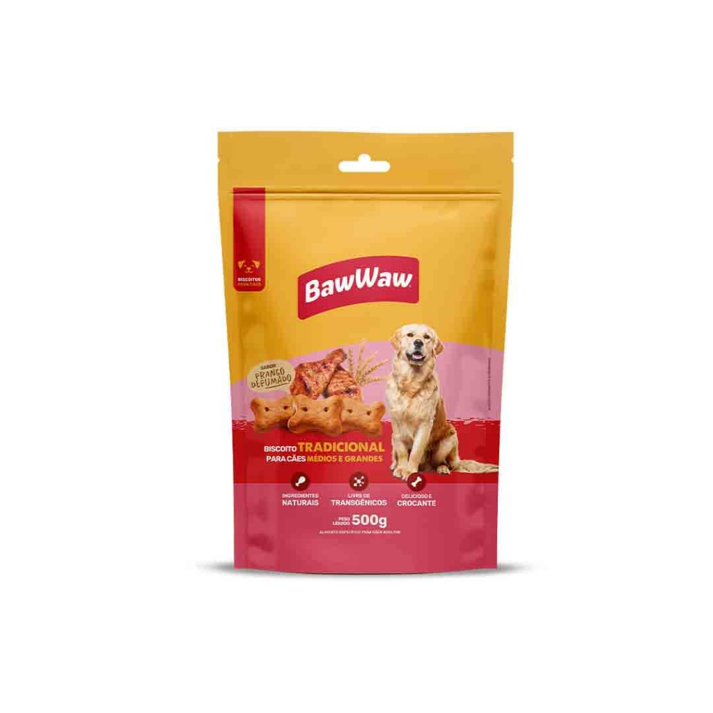 Promoção biscoito sabor frango defumado Baw Waw p/ cães adultos médio e grande porte 500g