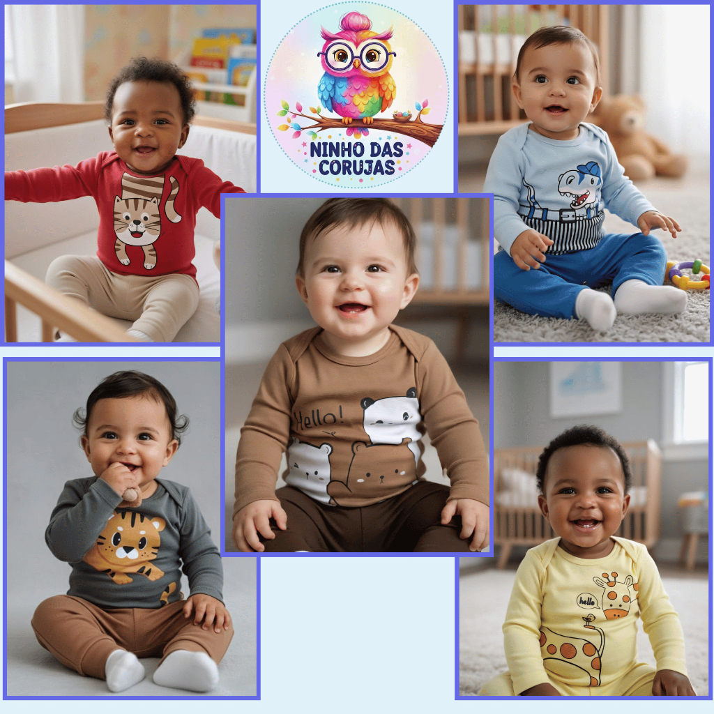 Roupa bebê menino 10 Peças de Roupa bebê  (5 Body manga longa + 5 Calças Mijão)Conjunto Body + Mijão Roupa Infantil Bebê