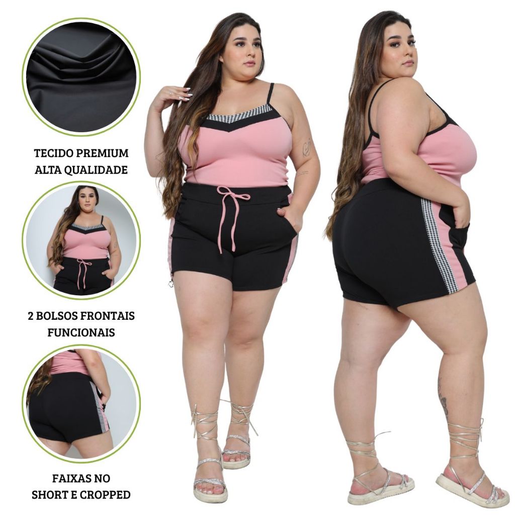 Detalhes do Conjunto Plus Size Feminino 42 ao 60 - GG ao G4 - Cropped e Short em Malha Crepe Fresquinho Verao Primavera Moda