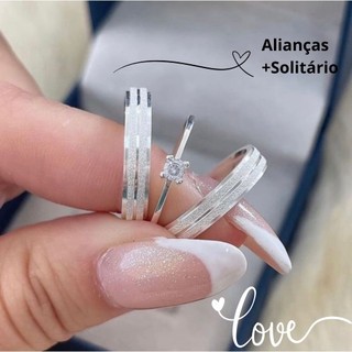 Par De Aliança Com Solitário Namoro Compromisso Diamantada Chanfrada