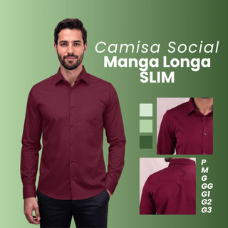 Camisa Social Masculina Manga Longa Slim Lisa Luxo Plus Size