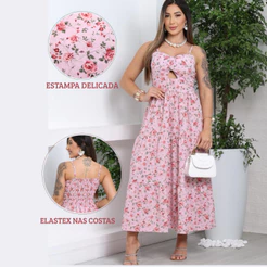 vestido feminino midi estampado floral alças finas reguláveis romântico luxo casual Floral com Bojo