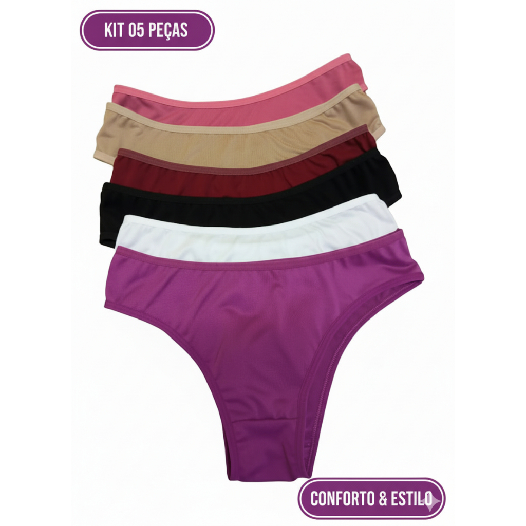 Kit 05 Calcinha Suede Algodão Cotton | Lingerie Básica Feminina Confortável Premium