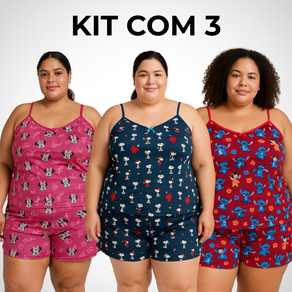 Pijama De Dormir Plus Size Feminino Kit  03  Short e Regata de Alcinha Malha Estampada Confortável