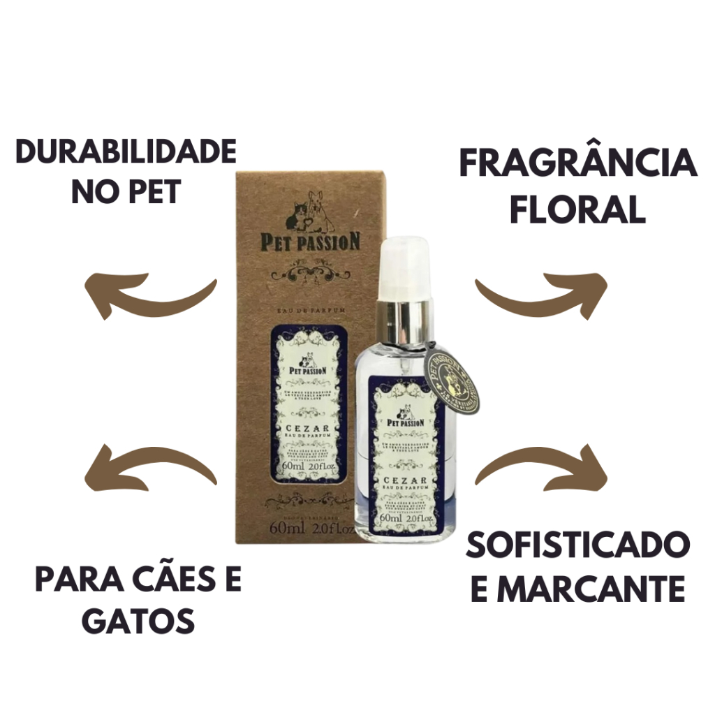 Perfume Cezar 60ml Pet Passion para Cães e Gatos Banho e tosa Perfume pet de alta fixação importado cachorro cheiroso