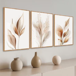 Quadro Moldura e Vidro Kit 3 Peças Grandes Folhagem Tons Bege Fundo Branco Quarto Sala Escritório