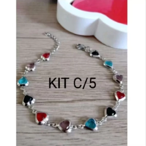 kit 5 Pulseira feminina AÇO INOX NÃO OXIDA (Coração Colorido)