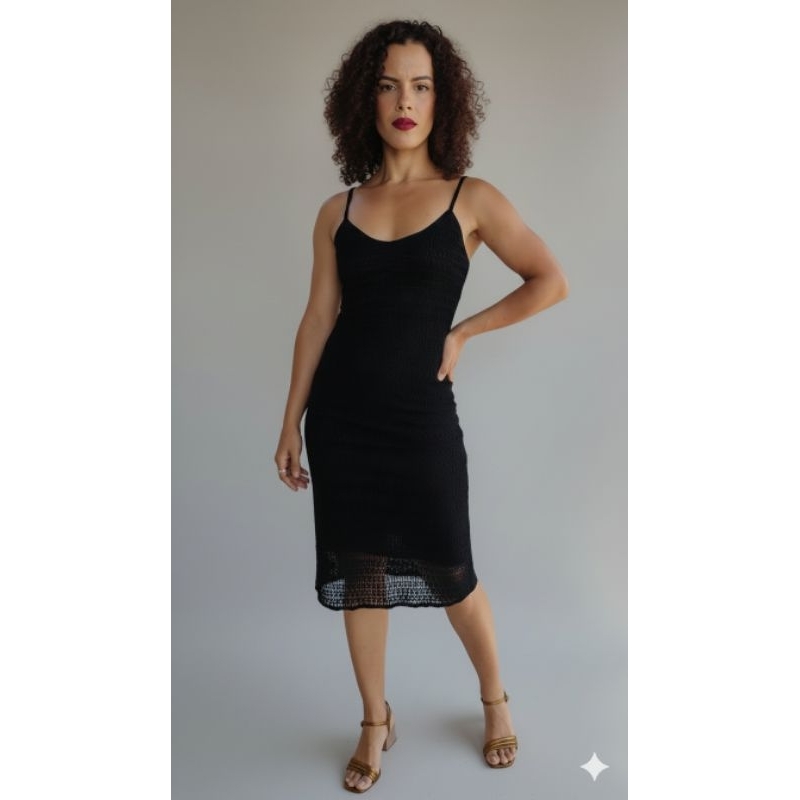 Vestido Alças Midi Crochê Preto Tam P Belle Creation