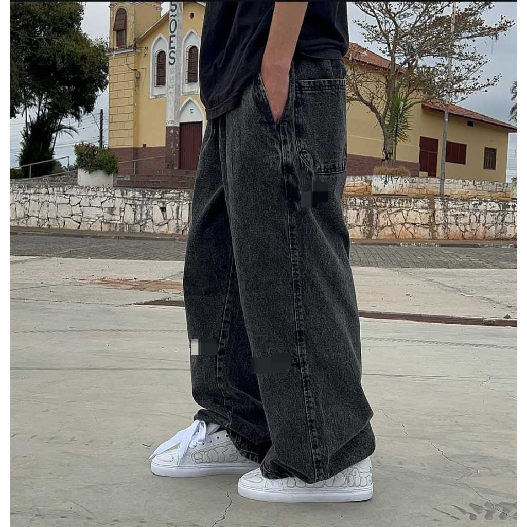 calça balão jeans baggy com ajuste na cintura