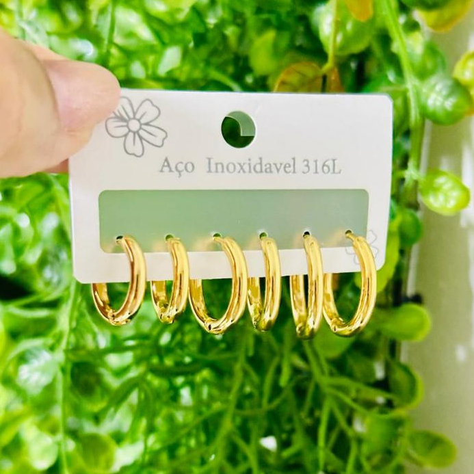 Trio Brinco Argola Argolinha Clique Lisa OU Cravejada Aço Inox DOURADO PRATA Barato (Menor) em Oferta na Shopee