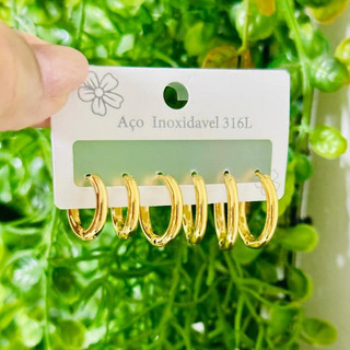 Trio Brinco Argola Argolinha Clique Lisa OU Cravejada Aço Inox DOURADO PRATA Barato (Menor)