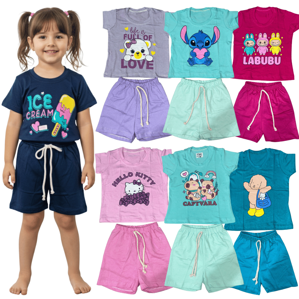 Conjunto Infantil Feminino com estampas FOFAS, Camiseta e Short em cores vibrantesxx, leve e confortável para o dia dia,