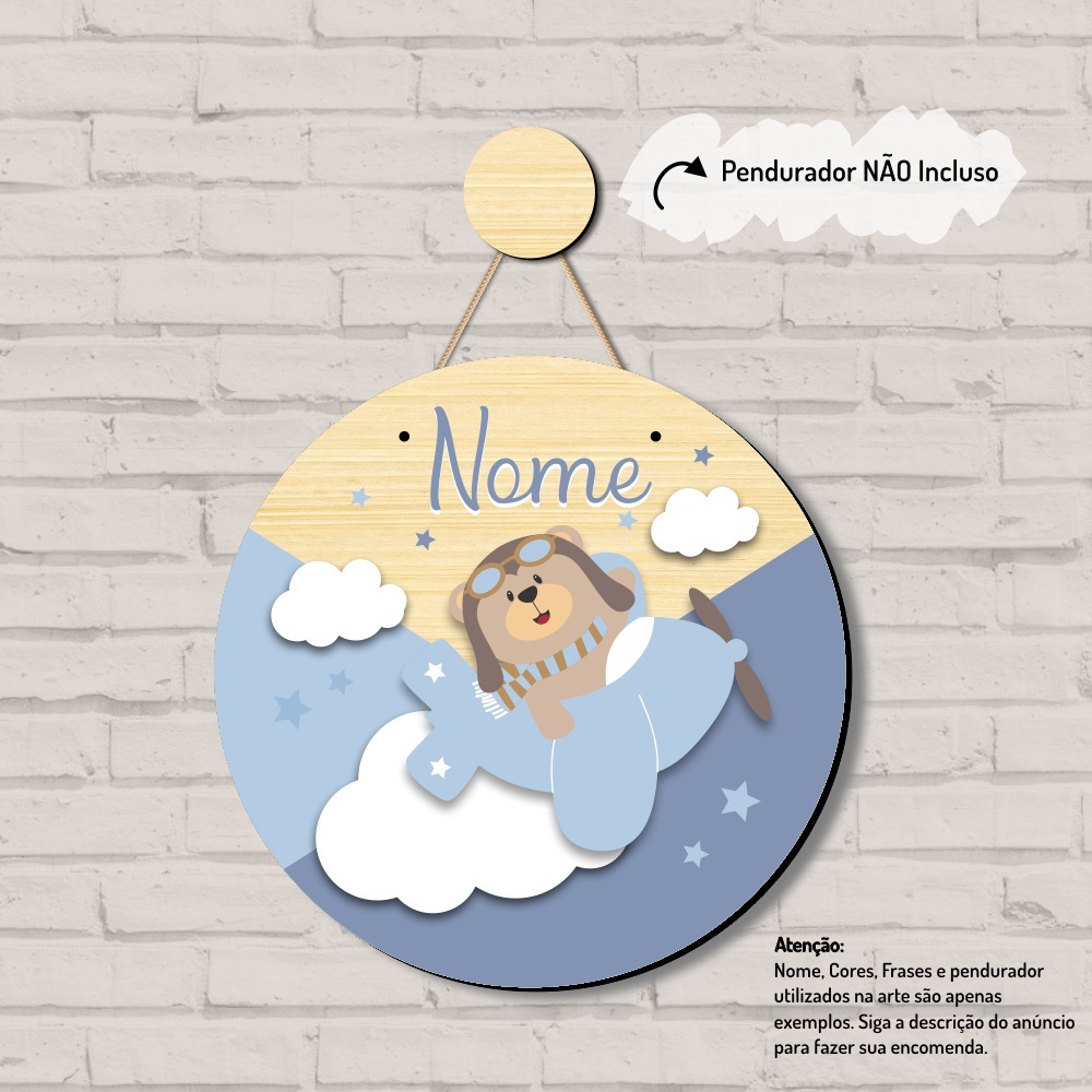 Enfeite Porta Maternidade Ursinho Aviador com NOME PERSONALIZADO Decoração Bebê