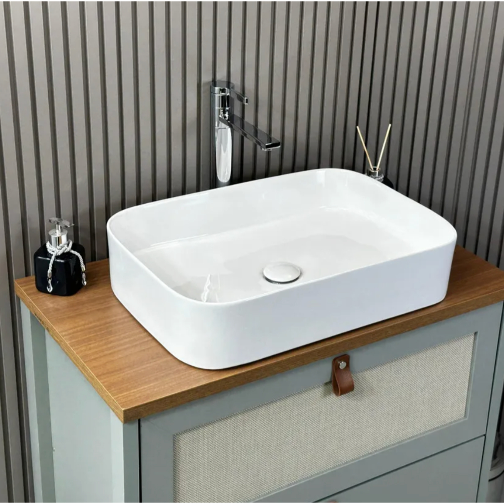 Cuba de 55x38 Porcelana de Louça Para Lavabo Banheiro Lavabo Londdres com Válvula Click Branco