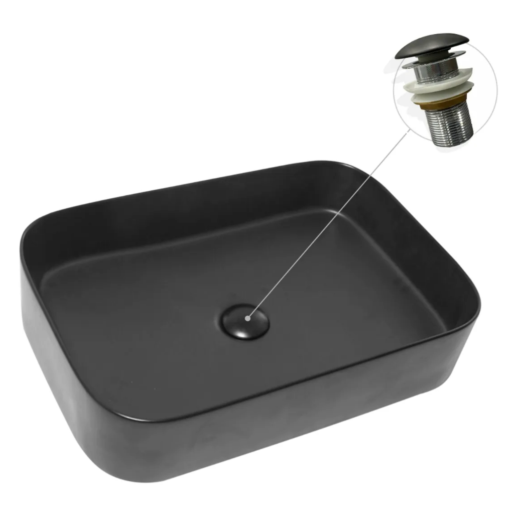 Cuba 55x38 Preta de Porcelana Louça Londres Apoio Banheiro Lavabo com Válvula Click