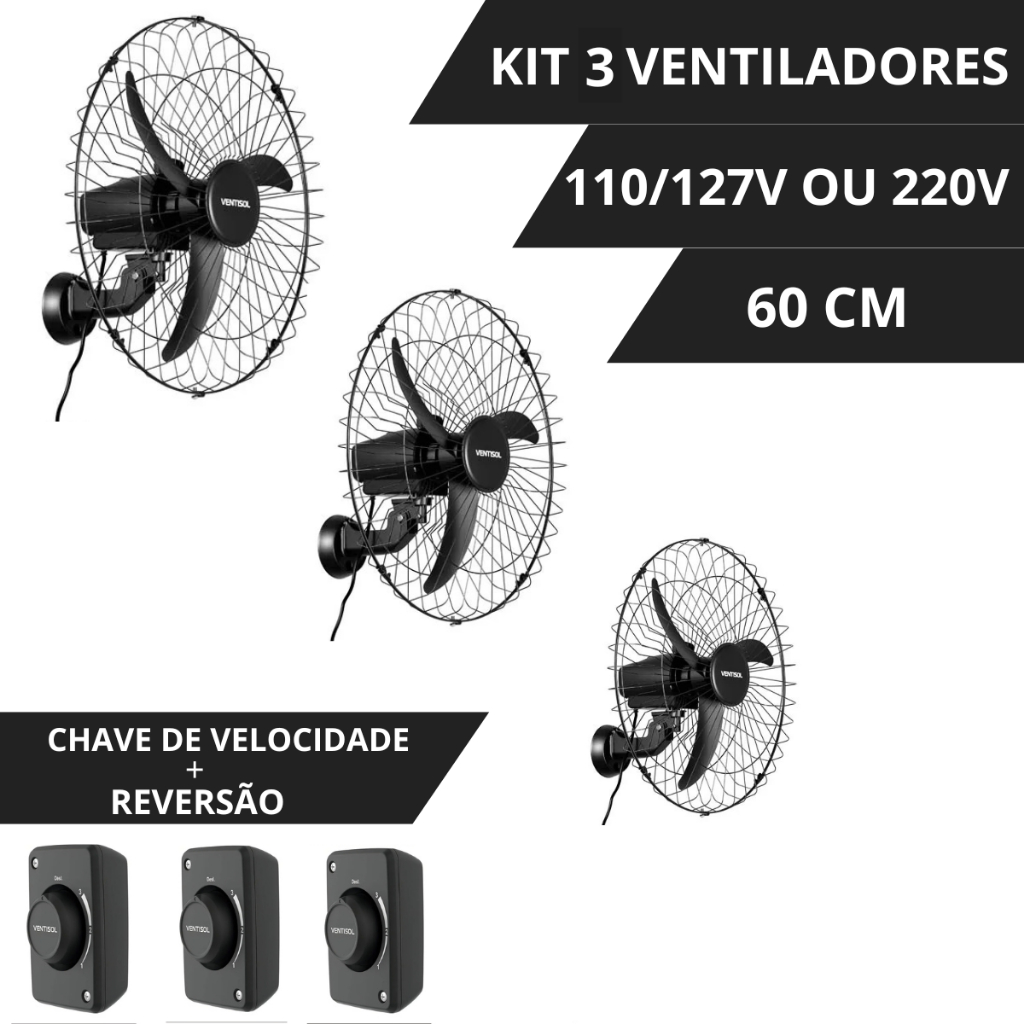 Kit 3 Ventiladores de Parede Ventisol 3 Pás New 145W Potente + Chave Reversível em Oferta na Shopee