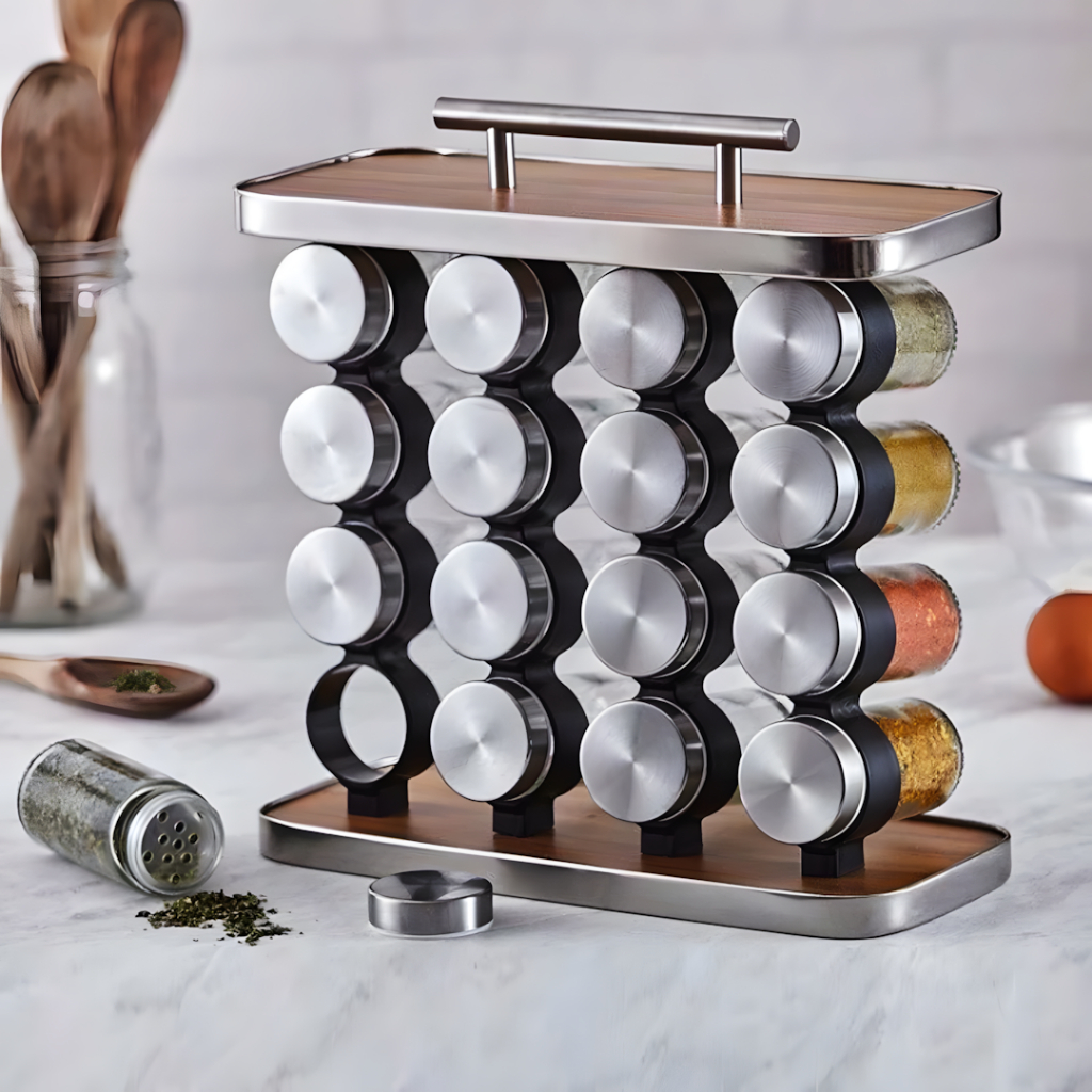 Kit 16 Potes Temperos Condimentos Vidro 80ml Tampa Inox Organizador Cozinha Suporte Torre