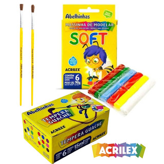 Tinta Guache 6 Cores 2 Pinceis + Massinha De Modelar 6 Cores Acrilex Para Colorir Pintar E Brincar