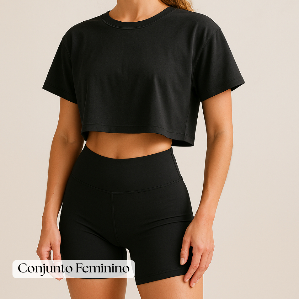 Conjunto Feminino de Academia Short Legging e Cropped Oversized