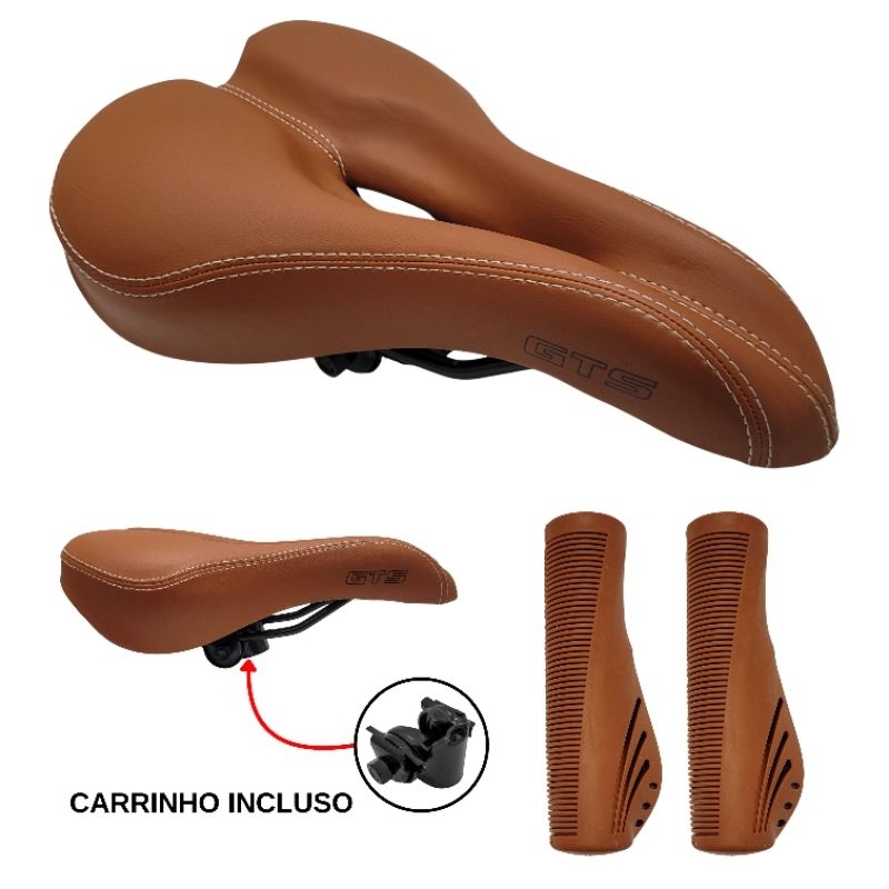 Selim Banco Retro Marrom Preto Bicicleta Vazado GTS + Manopla Marrom Mtb Confortável