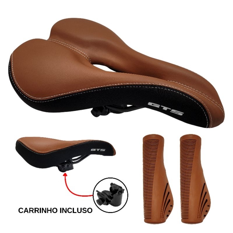 Selim Banco Retro Marrom Bicicleta Vazado GTS + Manopla Marrom Mtb Confortável