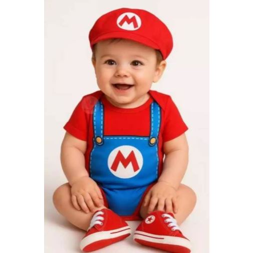 Kit CompletoBody + Boina Bebê Mario Bros com Tenis Fantasia Menino Mario