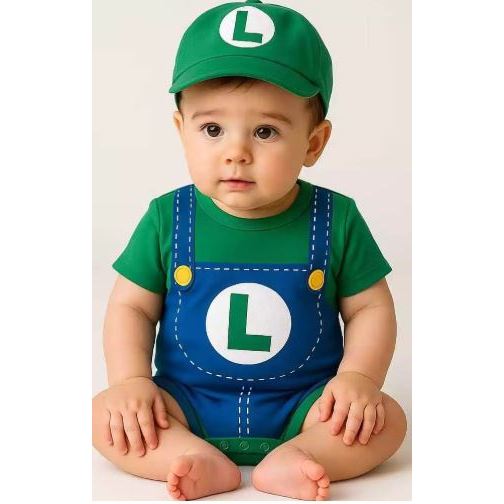 Kit Body + Boina Bebê Menino Luigi - Mario Bros - Fantasia Menino Luigi