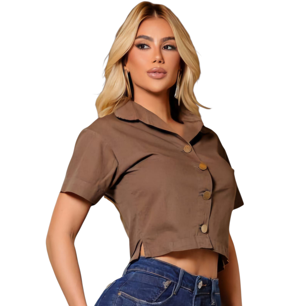 Cropped Marrom M ao GG Blusa Feminina Lisa Curta com Botões em Oferta na Shopee