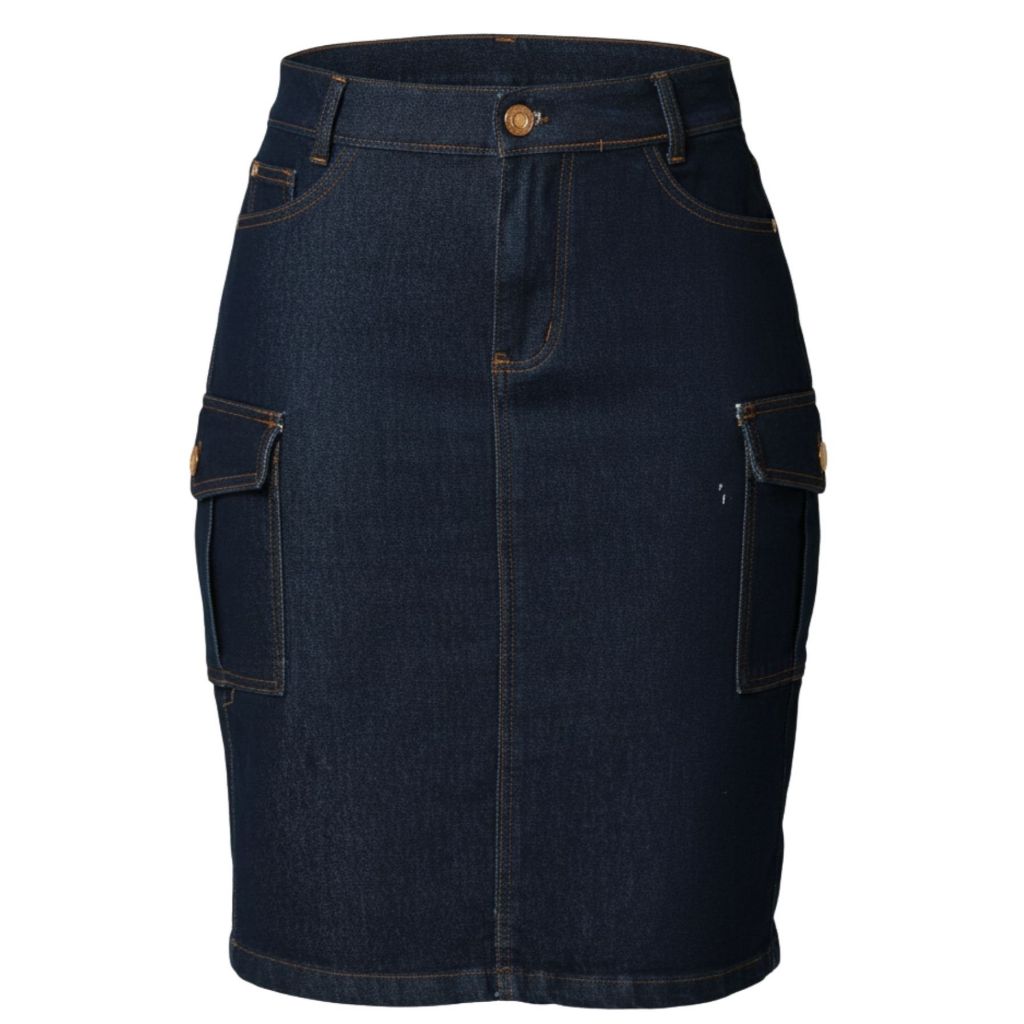 Saia Cargo Jeans Feminina Mídi Cintura Alta Bolso Cargo Lateral Jeans Com Elastano