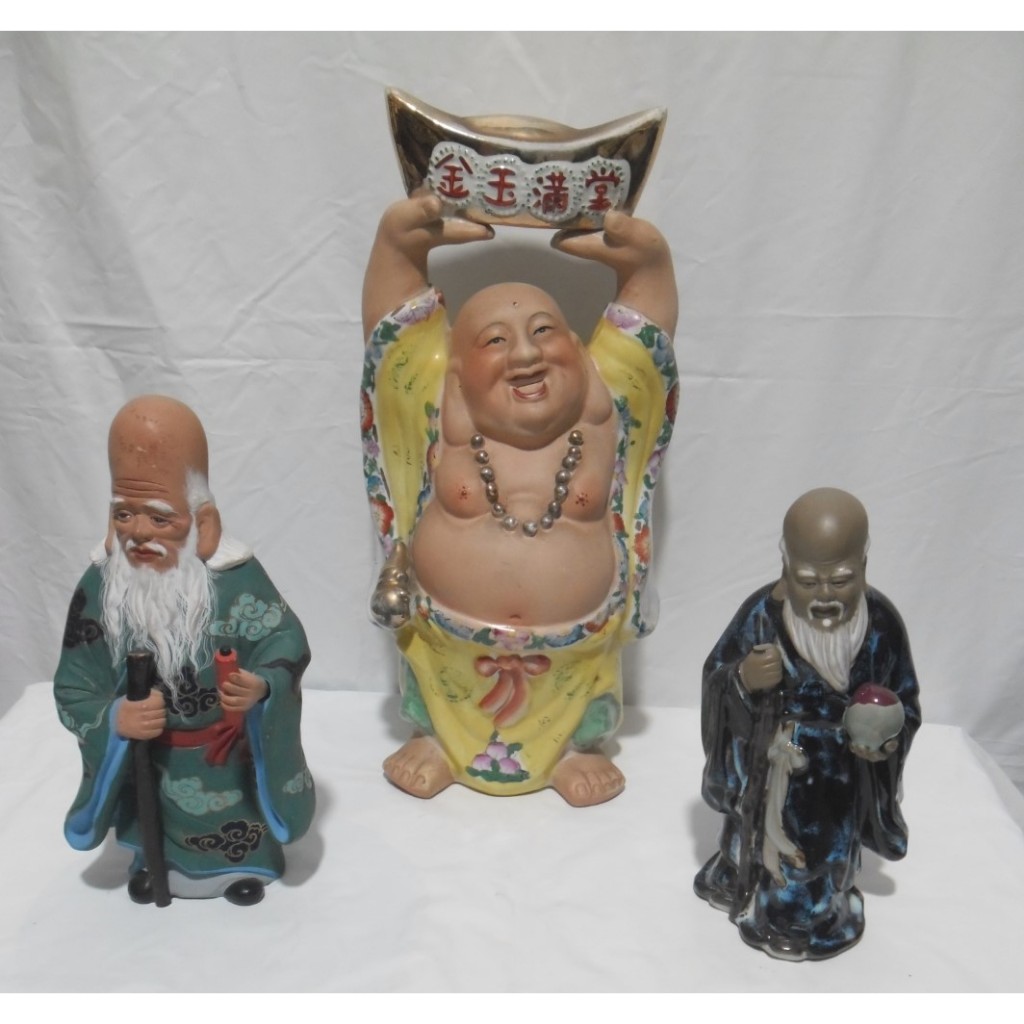 3 Escultura Imagem Buda Happy Sorridente Hotei Sabio Ancião Chines Porcelana