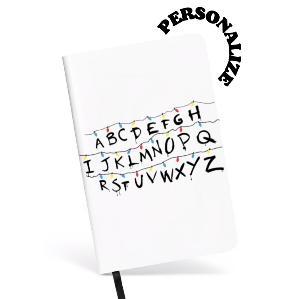 Caderno Stranger Things luzes pisca letras alfabeto parede personalizado sketchbook moleskine caderneta A5 A6