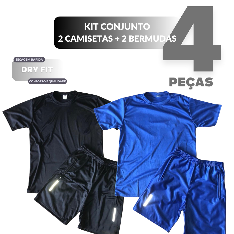 Kit 2 Conjuntos Masculinos Dry Fit Camiseta e Bermuda | Cores diversas | Academia Treino Fitness