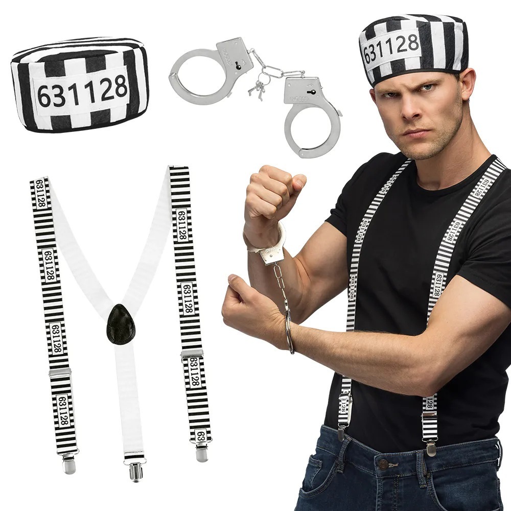 Kit Fantasia Presidiário Suspensório + Algema + Boina Festa ou carnaval ou Halloween(4617))