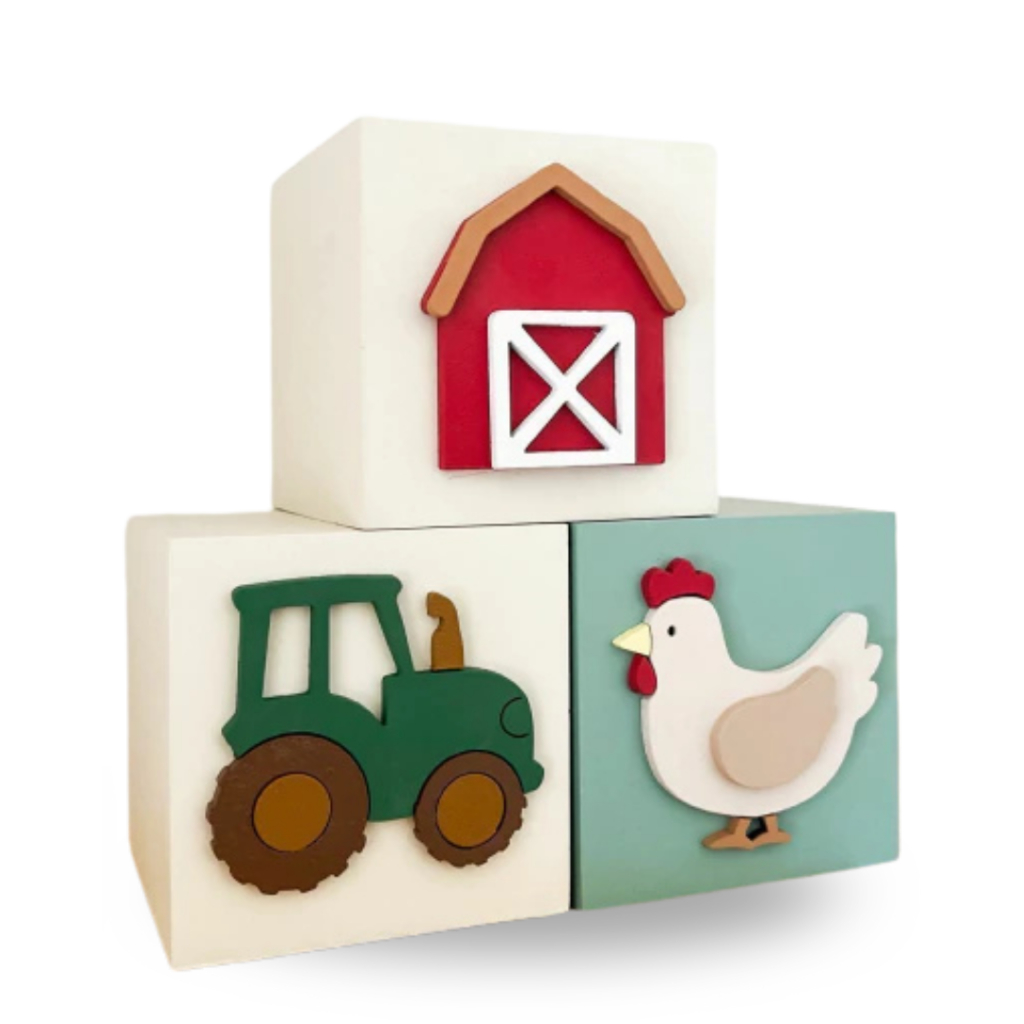 Kit 3 Cubos Decorativos Mdf Infantil Bebê Fazendinha Menino Atelier Belly Trator
