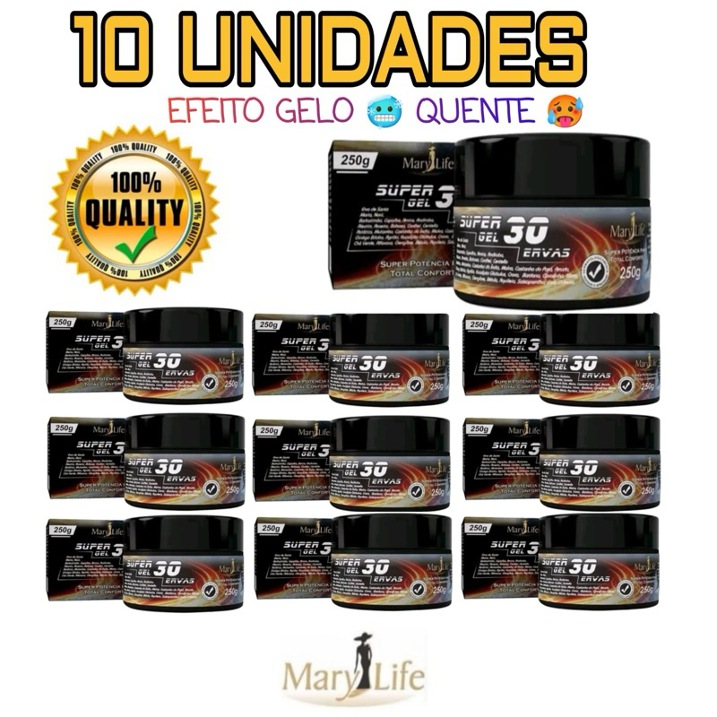 Kit 10 uni Super Gel 30 Ervas Mary Life 250g💪Efeito Gelo❄️e Quente🔥Relaxante Muscular em Oferta na Shopee
