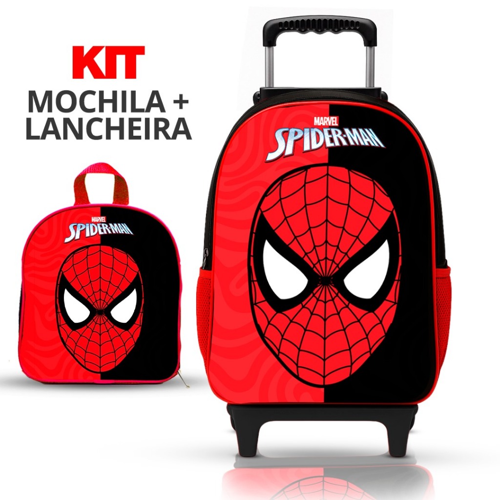 KIT Mochila Escolar Infantil Homem Aranha Menino de rodinhas com lancheira  - Reforçada
