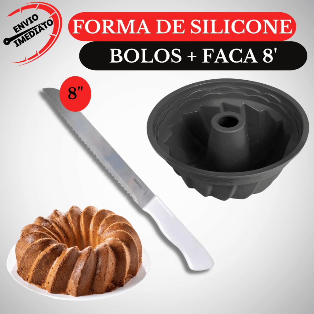 Kit Forma de Bolo Silicone + Faca de Pão Grande Air Fryer Redonda Espiral Serrinha Torta