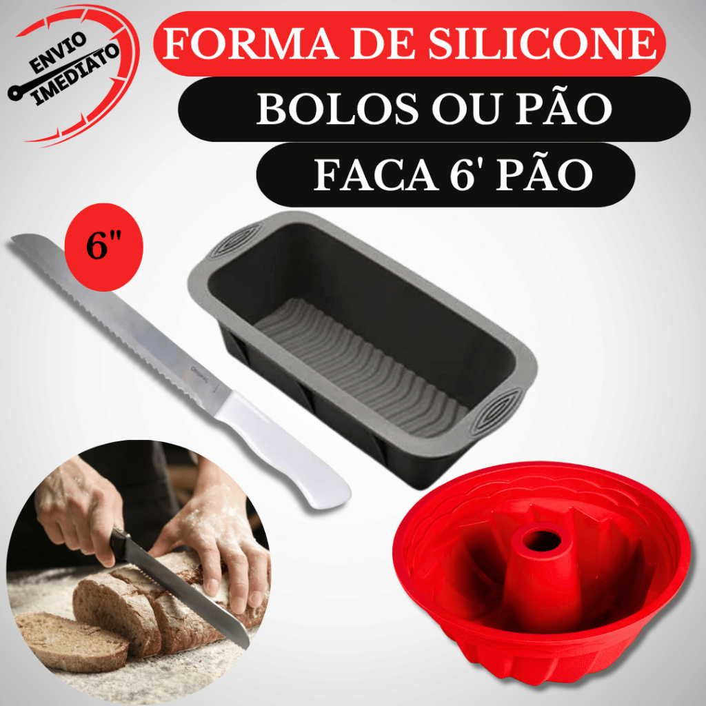 Kit Faca Pão Grande Serrinha Forma Bolo Silicone Redonda Pudim Torta Forma Pão Retangular